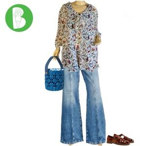 EYESHADOW SHEER BIRD PRINT BUTTON DOWN TUNIC W/NECK BOW TIE (2X)